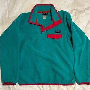 Women’s Small Patagonia Synchilla Snap Sweater in Teal and Hot Pink